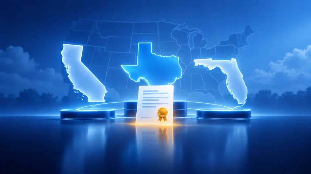 Illustration of three glowing US state outlines above a certificate, representing the choice of state for forming an LLC