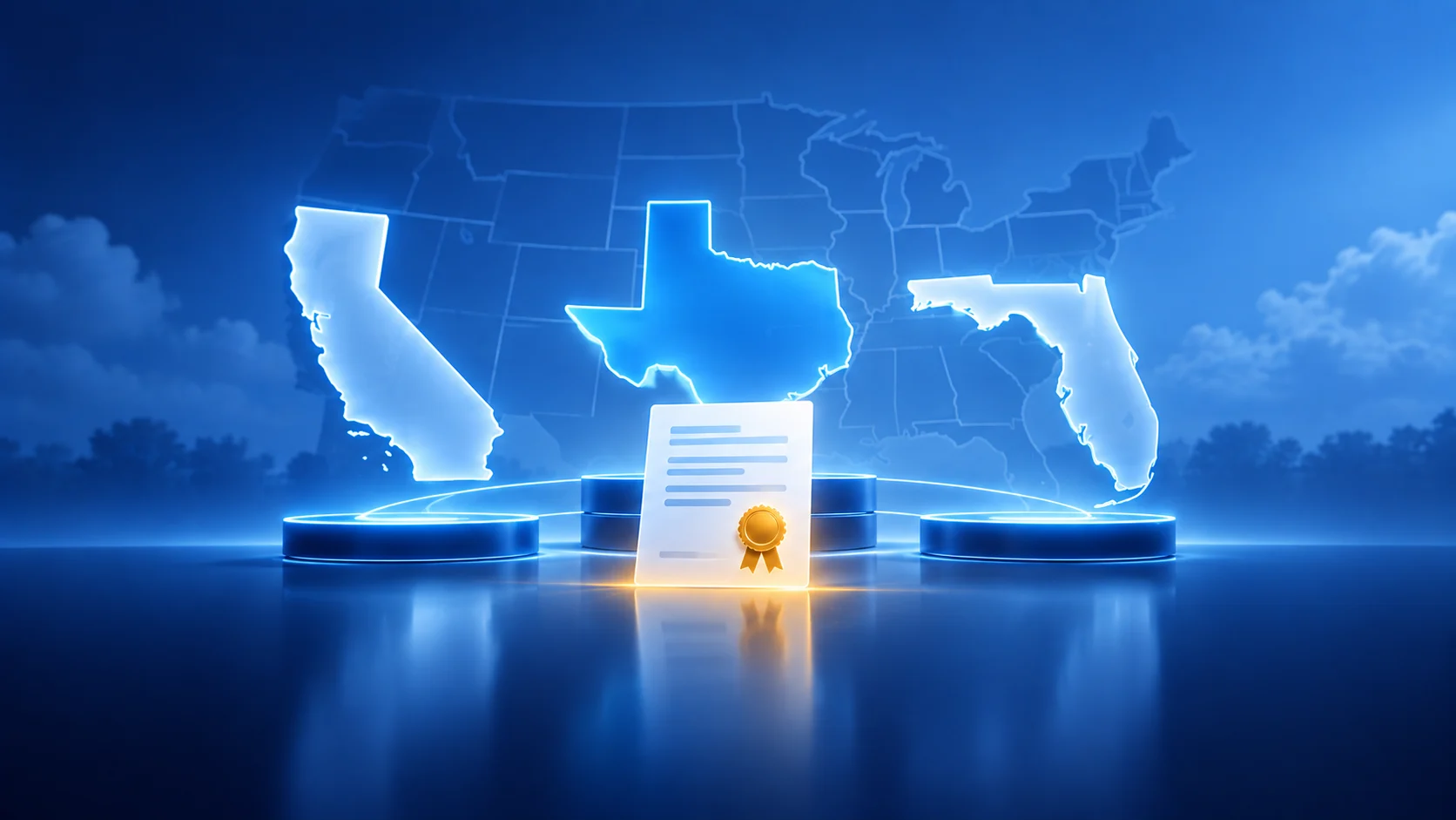 Illustration of three glowing US state outlines above a certificate, representing the choice of state for forming an LLC