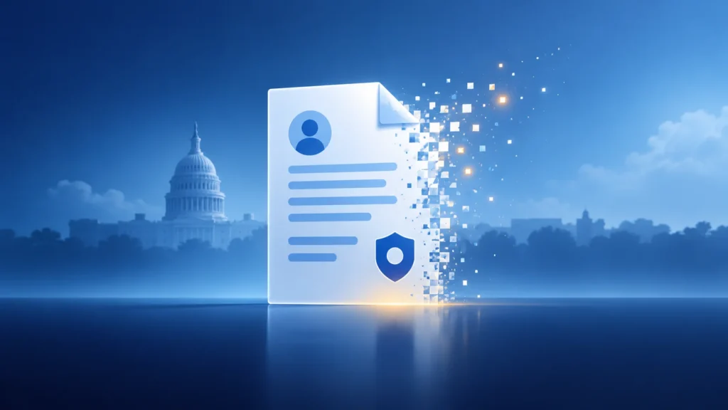 Conceptual illustration of a US federal filing document dissolving, with the Capitol dome behind it