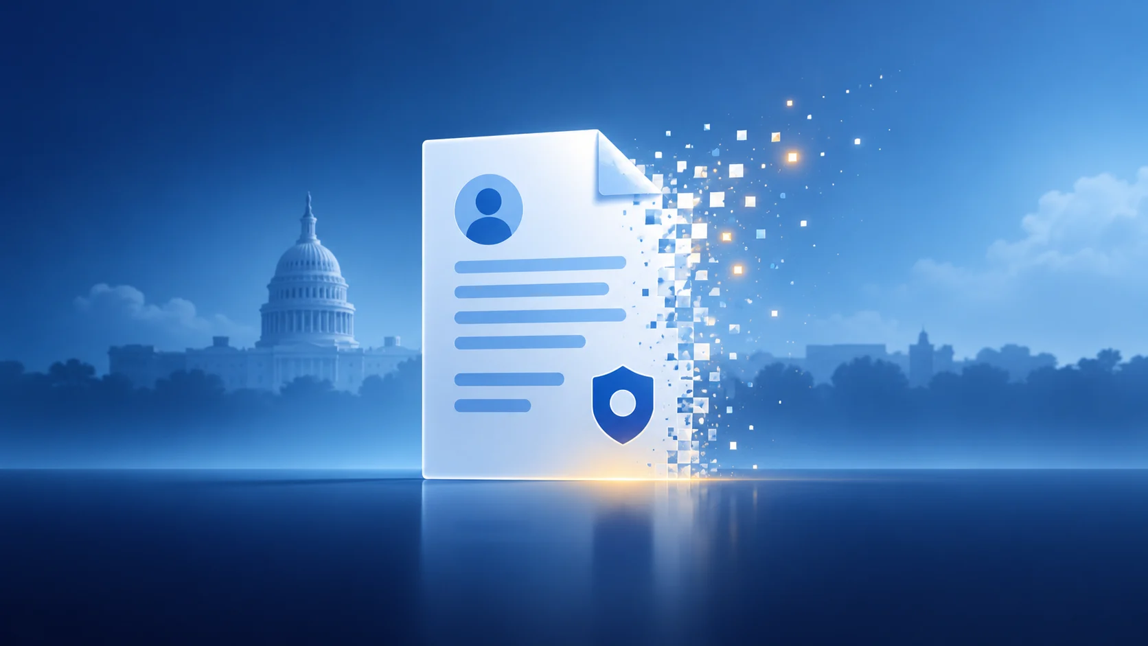 Conceptual illustration of a US federal filing document dissolving, with the Capitol dome behind it