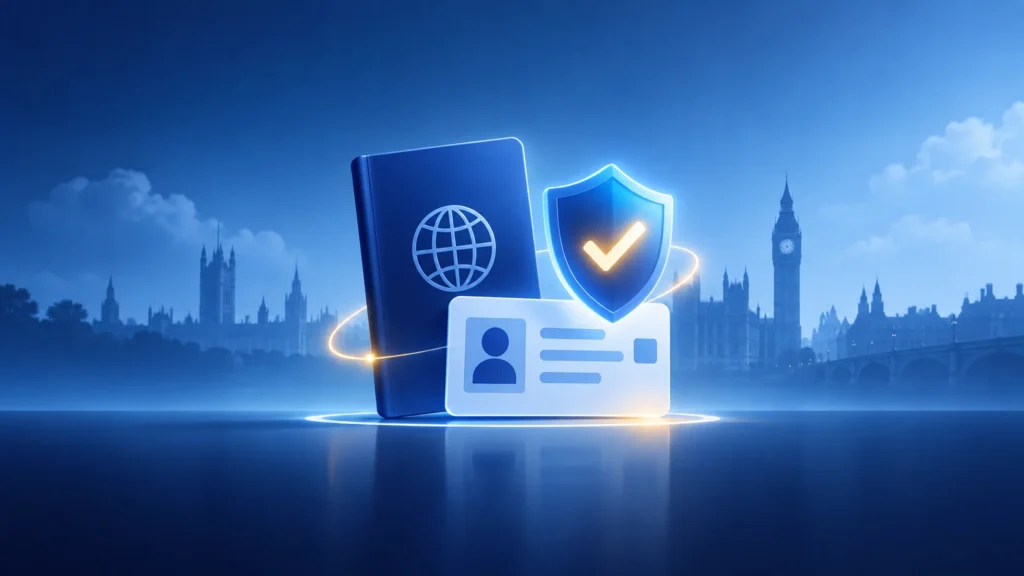 Conceptual illustration of a passport and ID card verified by a digital shield, with the London skyline behind