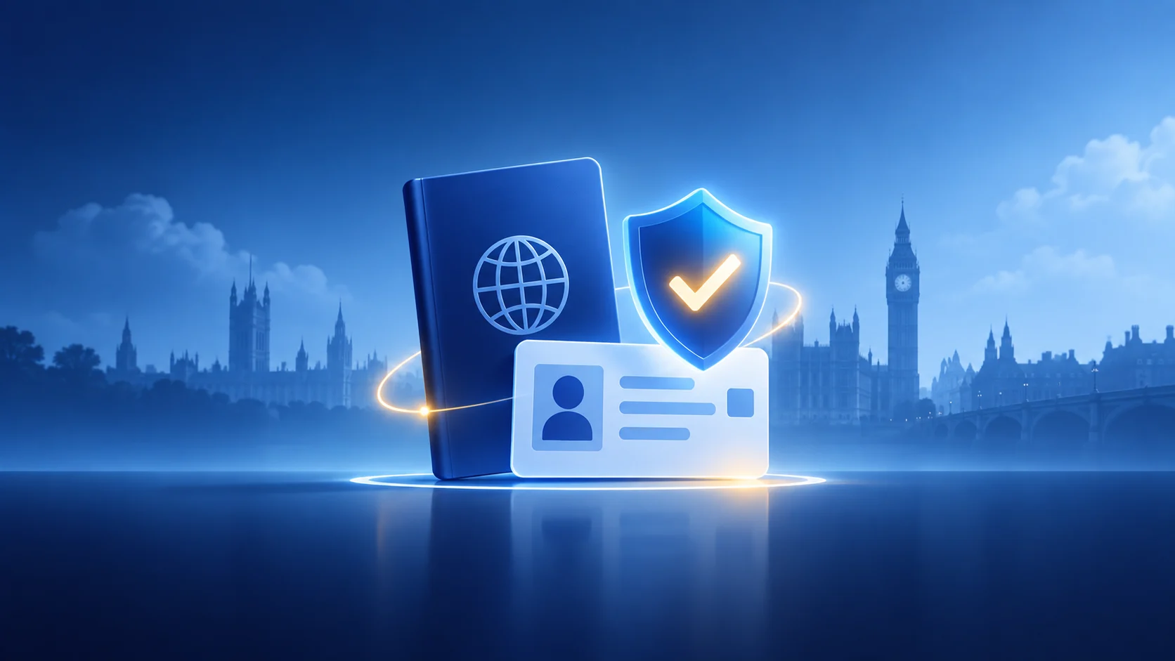 Conceptual illustration of a passport and ID card verified by a digital shield, with the London skyline behind