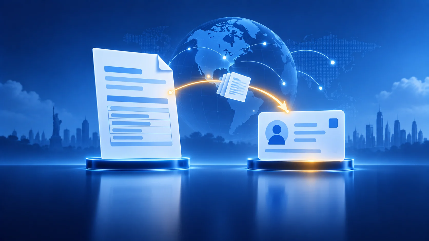 Illustration of an application form linked by a glowing arc to an identification card, with a globe behind, representing an EIN application from overseas