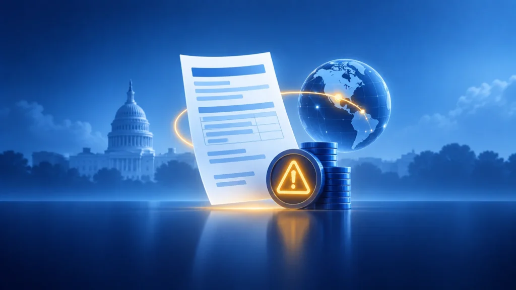 Conceptual illustration of a US tax form with a warning symbol, a globe and stacked coins, representing a cross-border filing penalty