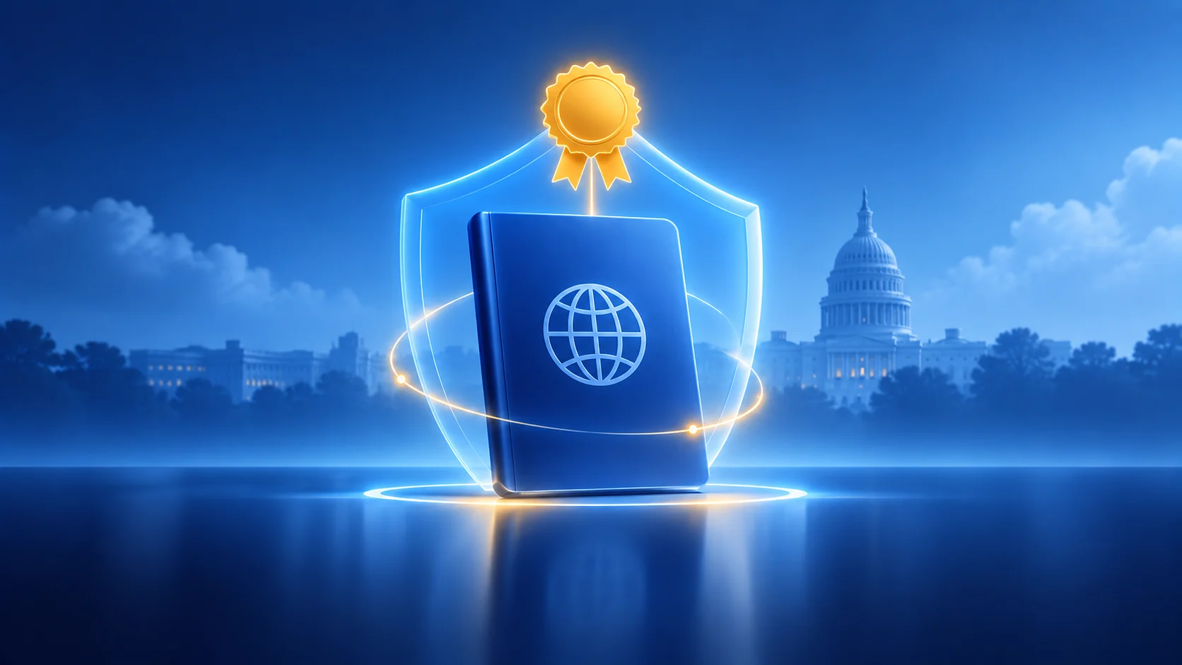 Illustration of a passport protected by a shield with a certified seal above it and the US Capitol behind, representing ITIN document verification