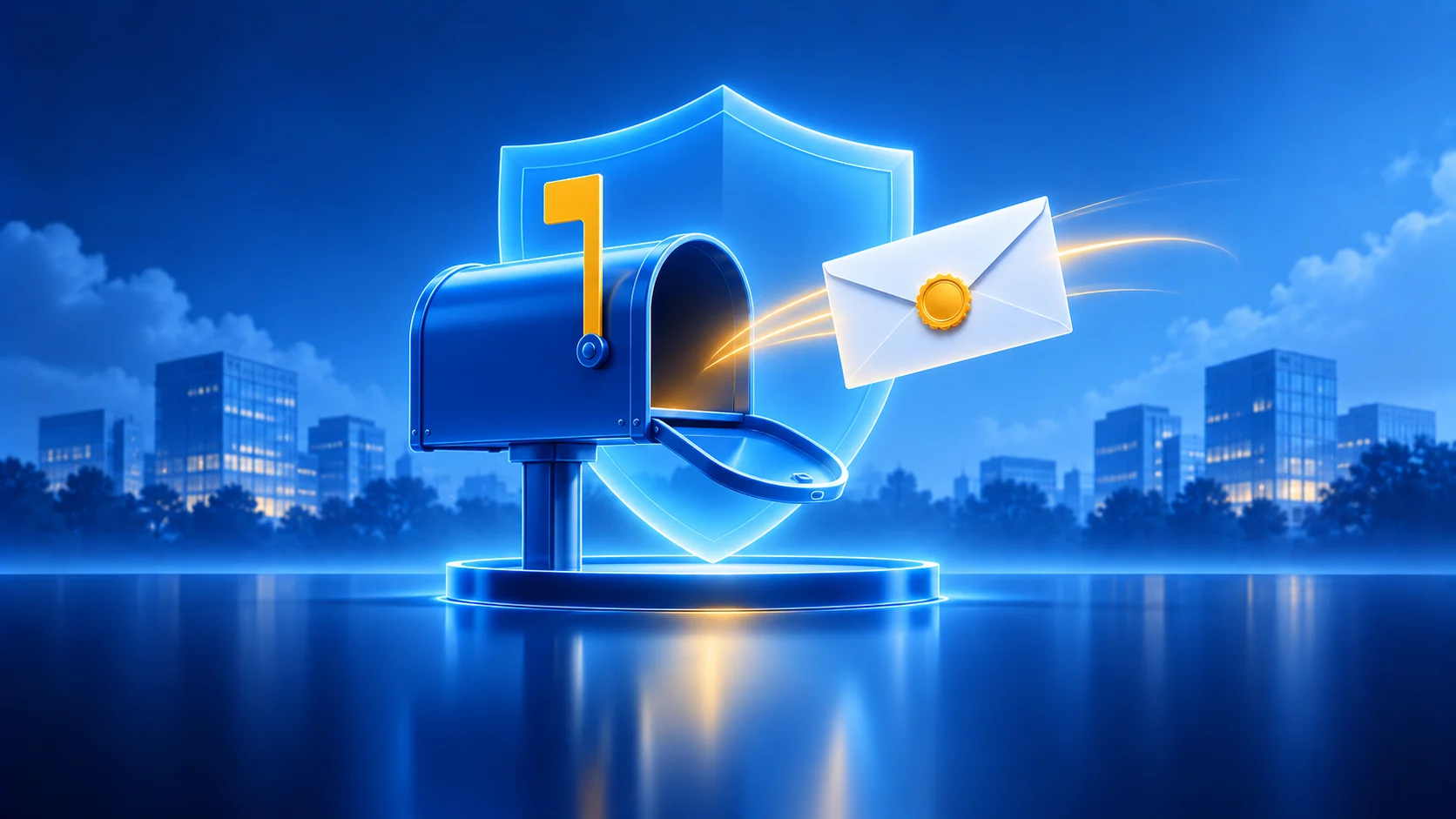 Illustration of a mailbox receiving a sealed legal envelope inside a protective shield, with office buildings behind