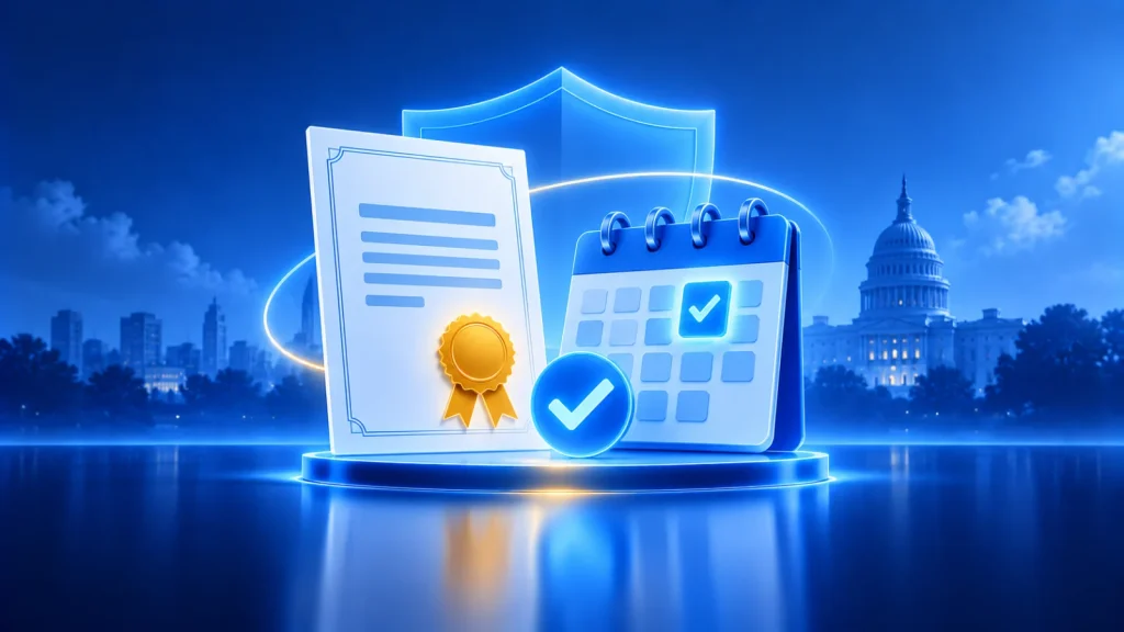 Illustration of a certificate with an embossed seal beside a calendar and a compliance checkmark, representing annual report filings and certificates of good standing