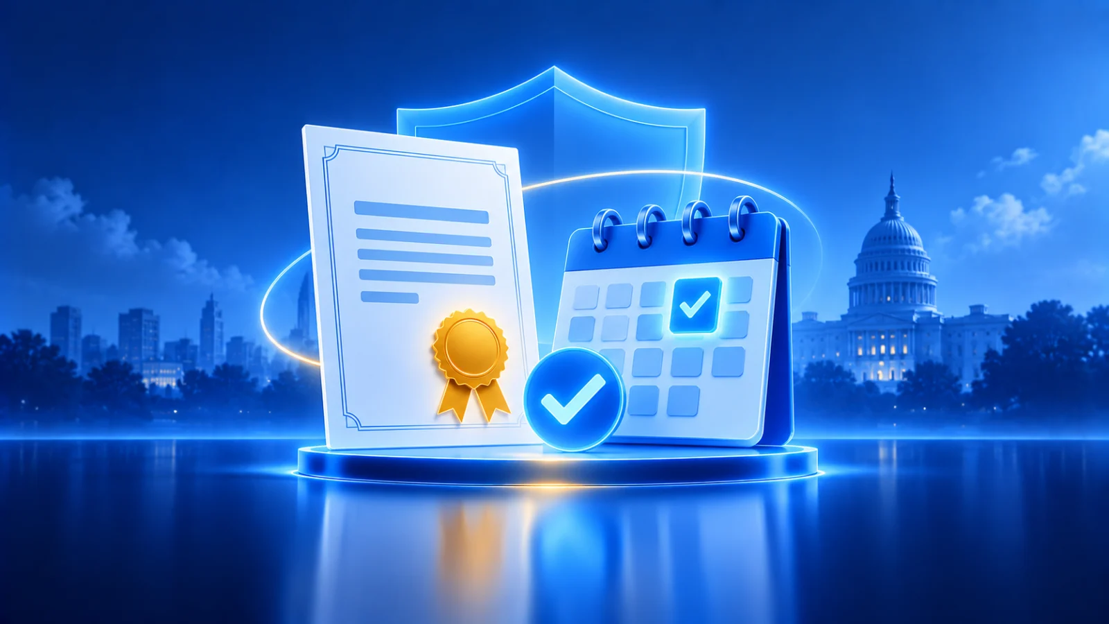 Illustration of a certificate with an embossed seal beside a calendar and a compliance checkmark, representing annual report filings and certificates of good standing