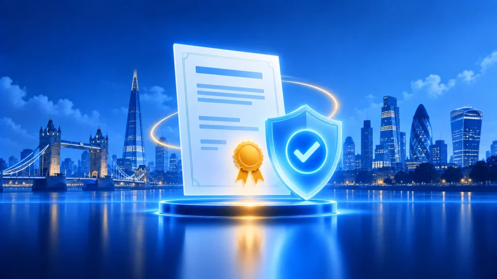 Illustration of an incorporation document with a gold seal and a verification shield in front of the London skyline, representing UK limited company formation for non-residents