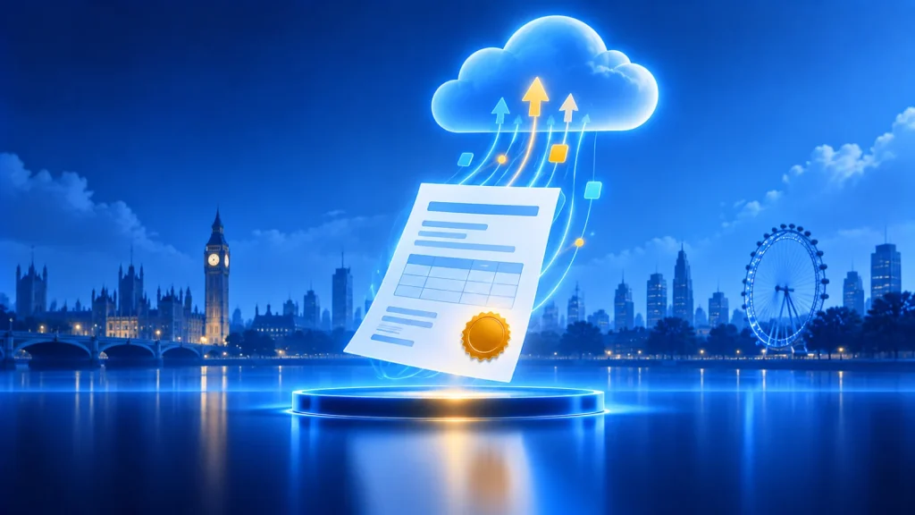 Illustration of a VAT return document flowing digitally into a cloud above a London skyline, representing UK VAT registration and Making Tax Digital filing