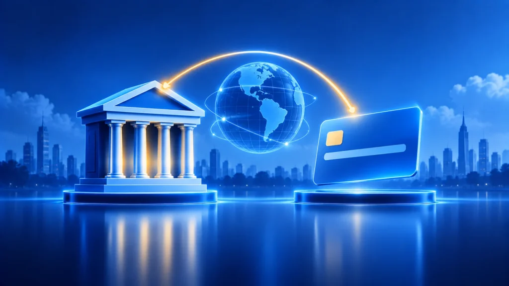 Illustration of a bank building and a payment card linked across a wireframe globe, representing a US business bank account opened by a non-resident founder