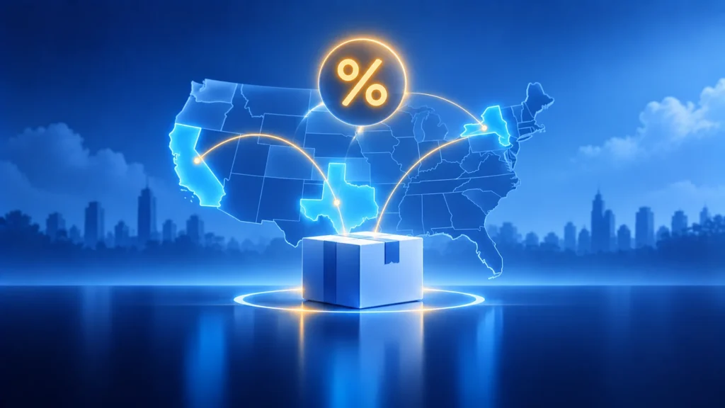 Illustration of a US map with three states highlighted, a parcel below and a percentage symbol above, representing state sales tax nexus